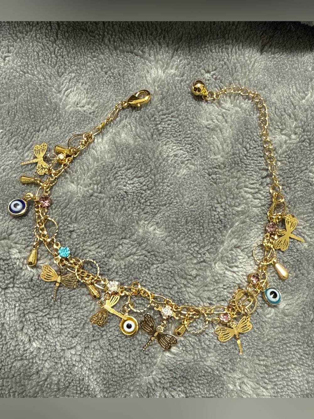 Gold Butterfly Charm Anklet with Blue Evil Eye and Pink Accents